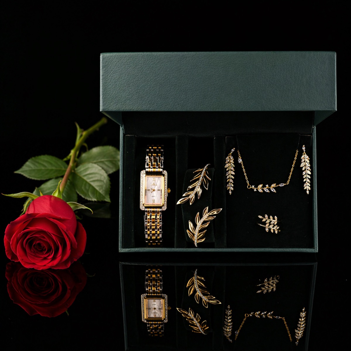 Σετ γυναικείο ( ρολόι ( Αδιάβροχο ) - βραχιόλι-κολιέ-δαχτυλίδι ( one size ) -σκουλαρίκια )