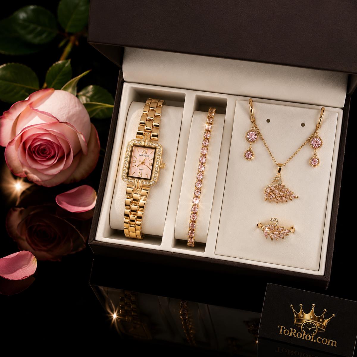 Σετ  γυναικείο ( ρολόι - βραχιόλι-κολιέ-δαχτυλίδι (one size )  -σκουλαρίκια )